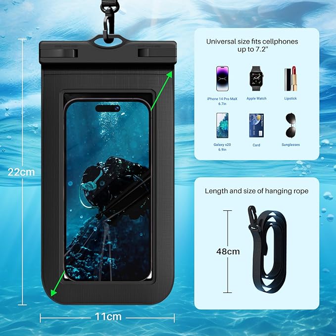 2 Pcs Waterproof Phone Pouch Case Up to 7.2", Floating Universal IPX8 Water Proof Cell Phone Dry Bag for iPhone 16 15 14 13 12 11 Pro Max XR XS SE 2022, Outdoor Sports, Black