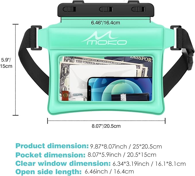 MoKo Waterproof Phone Pouch Fanny Pack, Floating Dry Bag for Swimming Kayaking Snorkeling, Compatible with iPhone 14 13 12 11 Pro Max X/Xr/Xs Max, Galaxy S21 Ultra/S9/Note 10 Plus, Mint Green