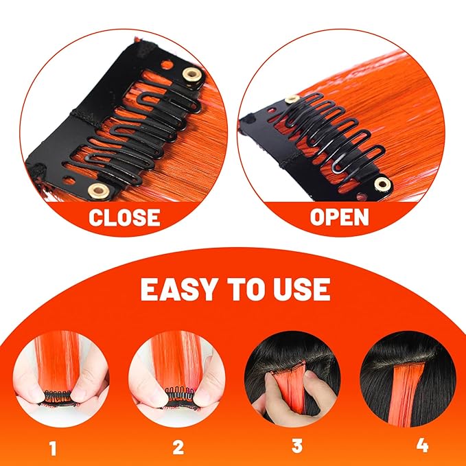 22 inch Colored Hair Extensions, Multi-colors Party Highlights Clip in Synthetic Hairpiece for Halloween Girl Women Kids Party Gift(10 PCS Orange)