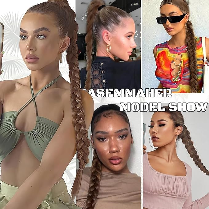 2Pcs Braided Ponytail Extensions with Hair Ties Soft Synthetic Hair Pieces Straight Wrap Around Hair Extensions Pony Tail Hairpieces Accessories for Women Daily Wear 16 Inch (Light Brown)