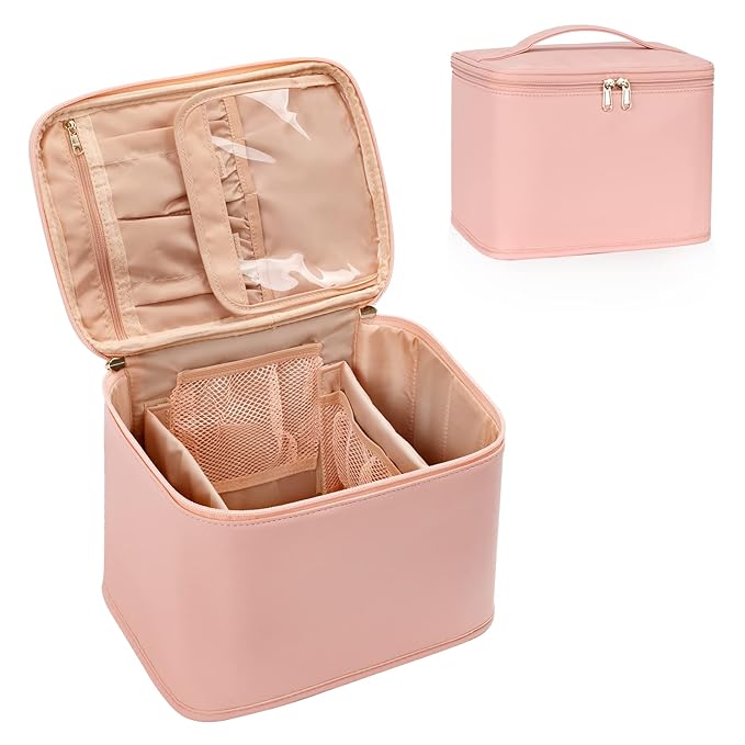 OCHEAL Makeup Bag, Portable Cosmetic Bag, Large Capacity Travel Case Organizer, Black Makeup Bags For Women Toiletry Bag for Girls Traveling With Handle and Divider-Pink