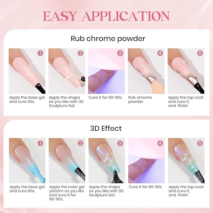 MIZHSE 3D Nail Gel 30G Clear 3D Gel Nail Art 3D Sculpting Gel with Chrome Powder for Nail Art Nail Design Molding Gel for Nails No Wipe Nail Supply U V LED Gel Polish for Nail Art Sculpture Home DIY