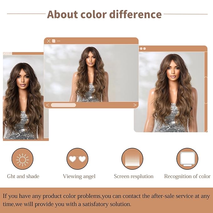 Ombre Brown Wig 26 Inch Long Curly Wigs for Women Synthetic Hair Wavy Wig,Natural Hair Wig With Bang for Daily Party Use