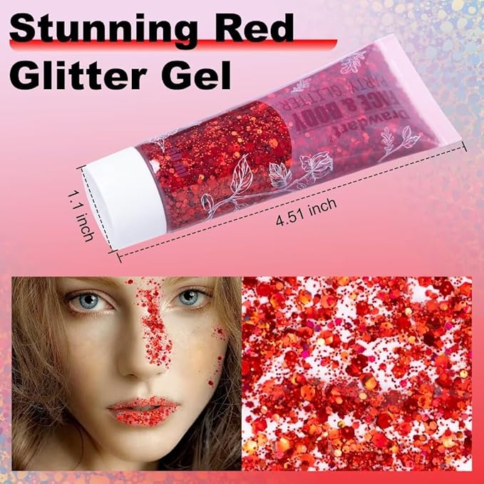 Face & Body Glitter - Cosmetic - Grade Red Holographic Glitter Gel,Face Body Hair Chunky Festival Rave Accessories Makeup 50ml,Glitter Sequin for Women Kids