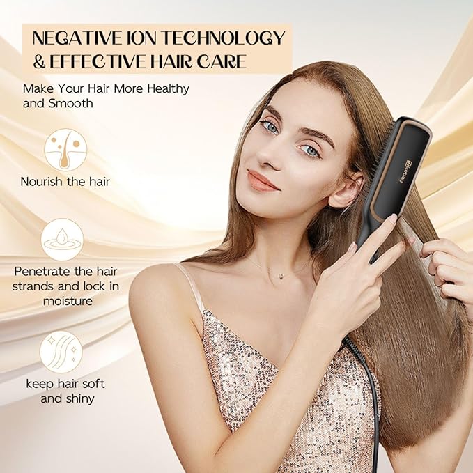 Nicebay Hair Straightener Brush with Rotatable Temperature Adjustment, 6 Temp Settings, Auto-Off, LED Display, Effective Hair Care for Women, Ceramic Heater Surface Material, Black & Gold