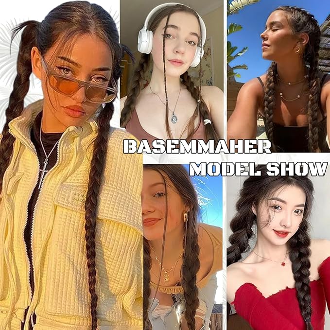 2Pcs Braided Ponytail Extensions with Hair Ties Soft Synthetic Hair Pieces Straight Wrap Around Hair Extensions Pony Tail Hairpieces Accessories for Women Daily Wear 16 Inch (Brownish Black)