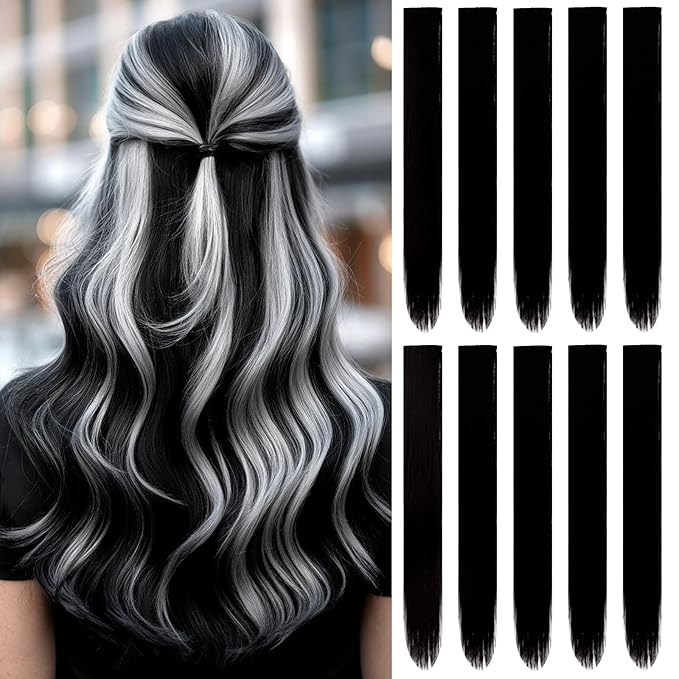 22 inch Colored Hair Extensions, Multi-colors Party Highlights Clip in Synthetic Hair Extensions, Color Party Highlights Hairpieces for Girls Women(10 PCS Black)