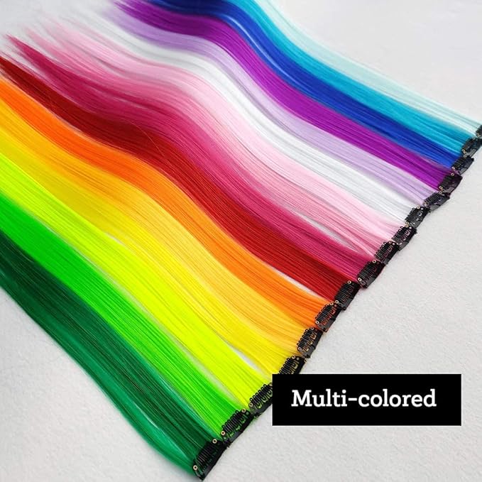 32Packs Colored Hair Extensions 20Inch Straight Color Clip in on Hair Extension Rainbow Party Highlights Synthetic Hairpiece for Girls (16 colors)