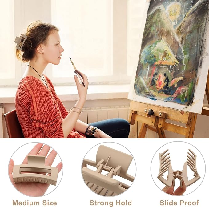 6 Pack Square Claw for Women Girls, 3.5" Medium Non-slip Rectangular Matte Clips Strong Hold Jumbo Hair Styling Accessories, Cool