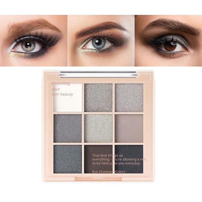 9 Color Matte & Shimmer Eyeshadow Palette, Waterproof High Pigmented Smokey and Cool-Toned Shadows in Black Gray Silver and White, Makeup Palette for Smoky Gothic and Halloween Looks(Black#)