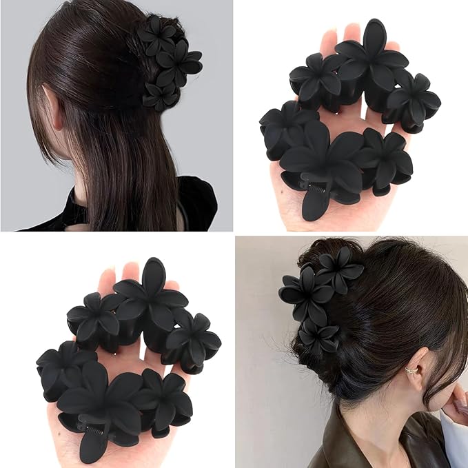 4PCS Matte Flower Hair Clips - Non-Slip Large Plumeria Clips for Thick Hair, Strong Hold for Women and Girls (Black)