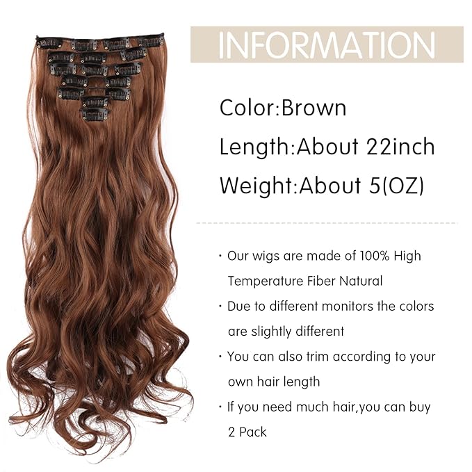 22 Inch Clip In Hair Extensions 7 PCS Long Wavy Synthetic Brown Hair Extension & Natural Soft Invisible Clip Thick Hairpieces for Women Daily(20Inch, 7pcs, Brown)