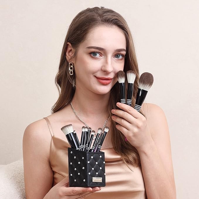 Bueart Design 16PCS Ultra Soft Labeled Makeup Brushes Set with HOLDER case Cosmetic make up brush set (16Pcs Black Rose Red+Holder)