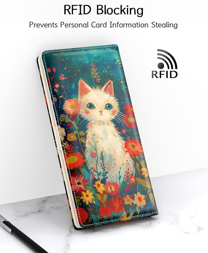 Nipichsha Womens Wallet, RFID Slim Wallets for Women, Thin Ladies Credit Card Holder Purse, Cute Leather Bifold Clutch Billfold with 11 Card Slots & ID Window, Flowers Cat