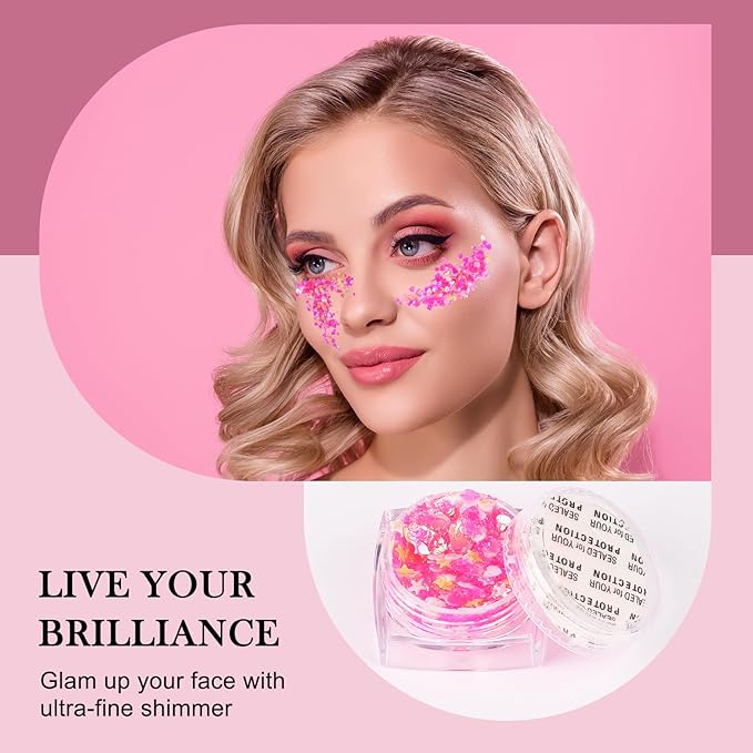 Glitter Body Face Hair Makeup Festival Gel, 6 Shapes Clear Pink Rave Glitter Face Pain Glitter Eyeshadow for Kids Women Girls Singer Concerts Festival Rave Accessories