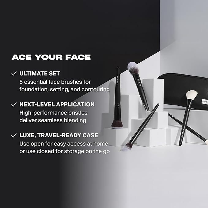 Morphe Face The Beat Makeup Brushes - 5 Piece Makeup Brush Set with Foundation, Blush, Contour & Blending Brushes - Made with Synthetic Bristles & Includes Makeup Brush Case (5 Count)