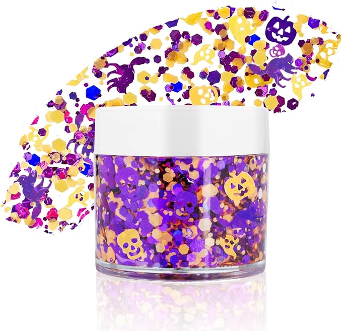 Halloween Face Glitter Gel,Orange Purple Skull Pumpkin Body Glitter Face Paint,Chunky Giltter for Face Body Hair,Kid’s Colorful Shimmering for Party Rave Music Festival Carnival Makeup