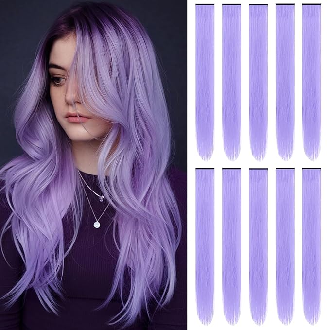22 inch Colored Hair Extensions, Multi-colors Party Highlights Clip in Synthetic Hair Extensions, Color Party Highlights Hairpieces for Girls Women(10 PCS Light Purple)