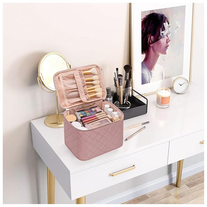 OCHEAL Pink Makeup Bag,Travel Large Capacity Cosmetic Bags For Women Large Travel Toiletry Bag Girls Traveling With Brush Slot And Divider-Nude Pink