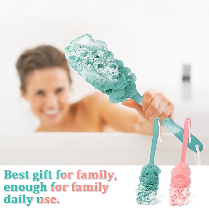 2Pack Back Scrubber for Shower Loofah with Long Handle, Shower Brush for Body, 17″ Loofah on a Stick for Men Women Bathing Accessories, Scrubber Sponge for Exfoliating Bath Brushes (Pink & Green)
