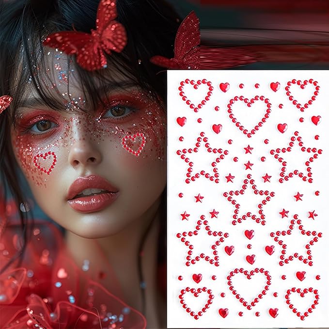 NIACONN 1760 Pcs Red Hair Jewels Face Gems Stick on, Self Adhesive Glitter Rhinestones Stickers for Women Body Eyes Nails Festival Halloween Makeup & Crafts