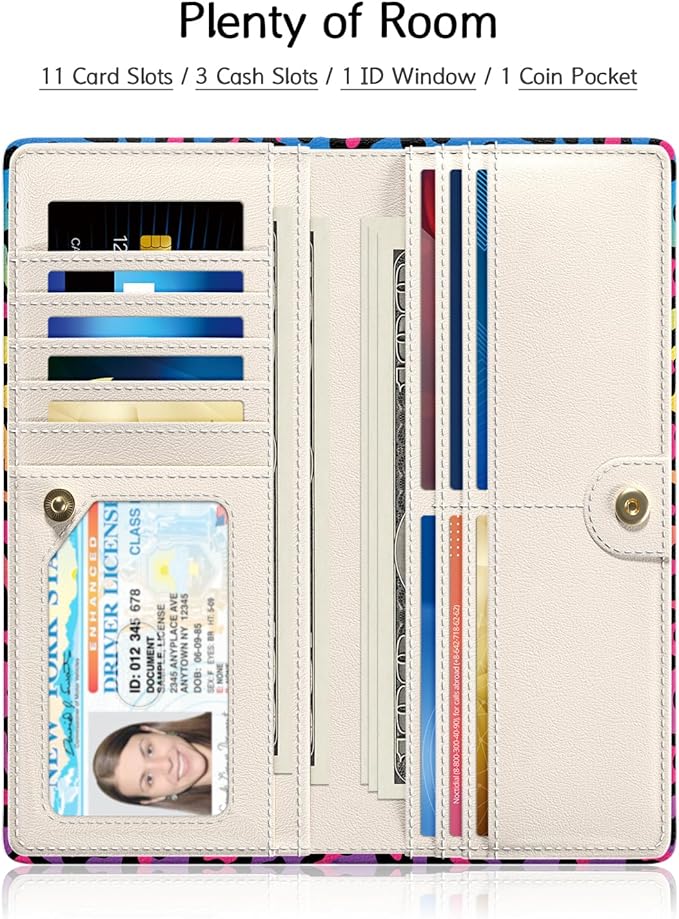 Nipichsha Womens Wallet, RFID Slim Wallets for Women, Thin Ladies Credit Card Holder Purse, Cute Leather Bifold Clutch Billfold with 11 Card Slots & ID Window, Colorful Leopard Print