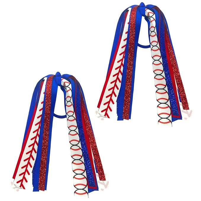 2pcs Baseball Ponytail Holders Hair Ribbons Streamer Red Blue Baseball Glitter Elastic Hair Ties Band Hair Scrunchies Game Day Party Decor Accessories Back School Gift for Women Cheerleader Fans