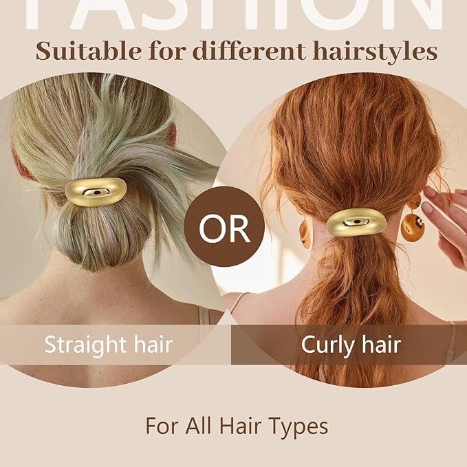2PCS Gold Hair Ties for Women - Metal Hair Accessories for Thick Hair, Elegant and Durable Geometric Design, Ponytail Cuffs Stretchy Non-Damage