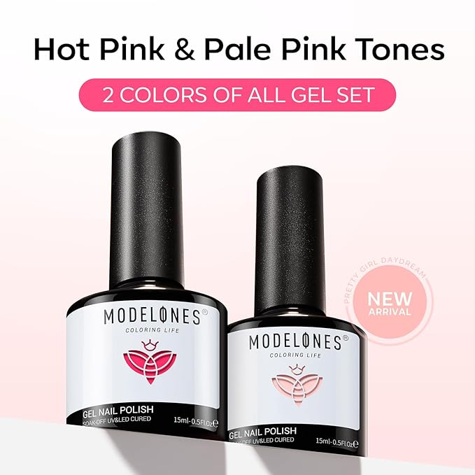 modelones Gel Nail Polish Set 2 PCS 15 ML Pink Gel Polish Hot Pink Tones Light Pink Shades Gel Nail Polish Soak Off UV Spring Nail Art DIY Manicure At Home For Women Girls