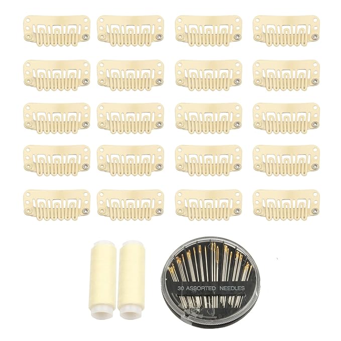 30pcs Hair Extension Clips U-Shape Stainless Steel Snap Clips for Wigs and Hair Extensions and Hairpieces, 30 Assorted Sewing Needles and 2 Rolls Thread (Beige)
