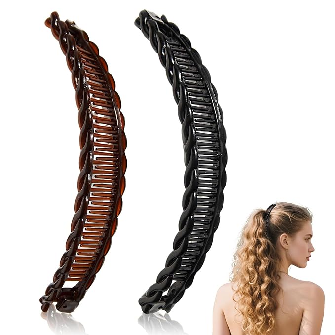 2Pcs Banana Hair Clips for Thick Curly Hair - Black and Brown Tortoise Clips, Vintage Clincher Combs for Women, Girls - Non-Slip Fish Grip Slides, 80s Retro Hair Accessories