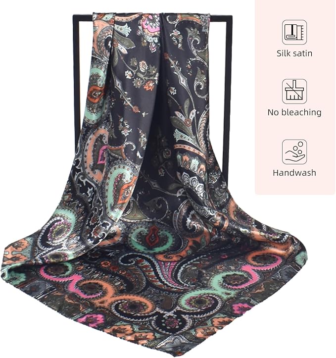 35 x 35 Women's Fashion Pattern Large Square Silk Like Hair Scarf Head Sleeping Wrap Satin Neck Bandana for Gift…