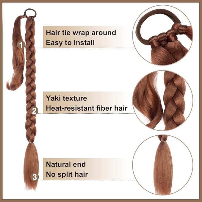 2 Pack Long DIY Braided Ponytail Extension with Hair Tie Straight Wrap Around Hair Extensions Ponytail(30#)