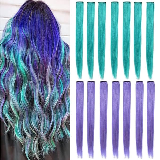 20 Inch Colored Party Highlights Straight Hair Clip Extensions Heat-Resistant Synthetic Hair Extensions in Multiple Colors 12PCS(Teal Lavender)