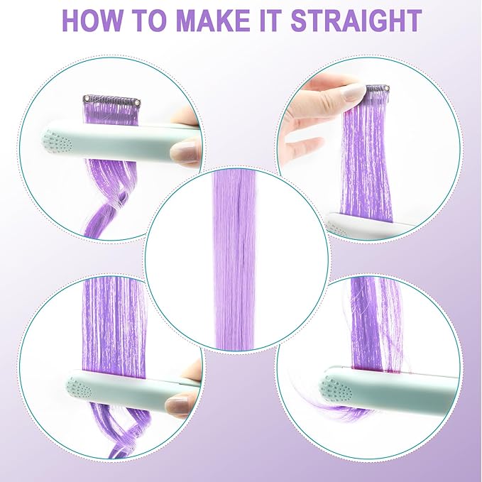 10 PCS Light Purple Hair Extensions Clip-In, Curly Wavy Synthetic Hairpieces Clip in Rainbow Neon Party Highlights, Colorful Hair Accessories for Kids Girls Women 17 inch (Light Purple)