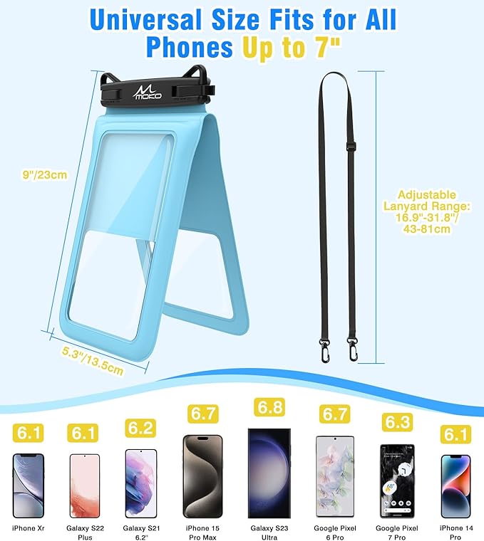 MoKo Double Case Waterproof Phone Pouch, 2Pack Waterproof Phone Case Dry Bag with Adjustable Lanyard Compatible with iPhone 15 14 Pro Max Galaxy S23 Ultra/Note 20 Ultra Up to 7 Inches, Blue+Green