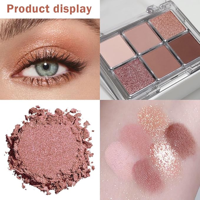 6 Colors Glitter Matte Eyeshadow Palette, Natural Nude Dark Brown Coffee Sparkly Eye Shadow Makeup, Warm Pastel Eye shadows Palette Long Lasting Waterproof Naturing-Looking Women Girls Eye Shadow 03