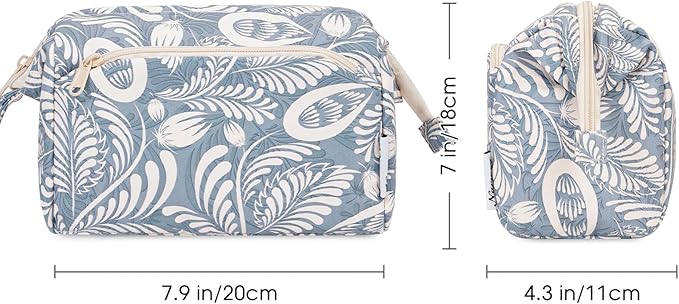 Narwey Women Makeup Bag Wide-open Make up Bag Travel Cosmetic Organizer Toiletry Bag for Cosmetics Toiletries Accessories (Blue Leaf)
