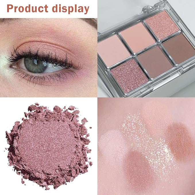 6 Colors Glitter Matte Eyeshadow Palette,Natural Nude Brown Rose Gold Coffee Sparkly Eye Shadow Makeup,Warm Pastel Eyeshadows Palette Long Lasting Waterproof Naturing-Looking Women Girls Eye Shadow 01