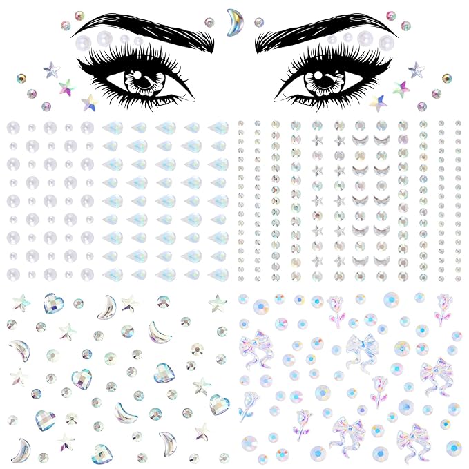 OIIKI 4 Sheets Star Heart Face Gems Stickers, Acrylic Crystal Eye Body Jewelry Sticker, Halloween Moon Pearls Butterfly Face Makeup Stickers, Rhinestone Tattoos for Women, Girls for Parties, Festivals