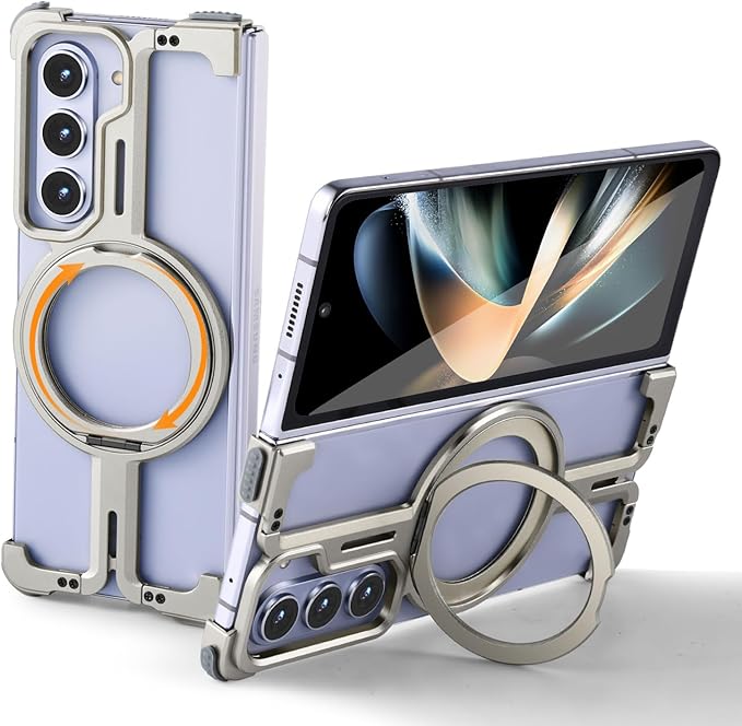 OATSBASF for Samsung Galaxy Z Fold 5 Bumper Case, with Kickstand 360° Rotatable Magnetic Stand Case, Minimalist Phone Case for Galaxy Z Fold 5, Frameless Metal Case, Natural Titanium