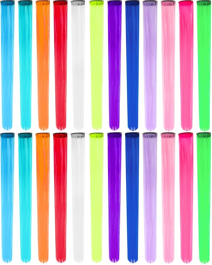 24 PCS Clip-in Colored Hair Extensions for Kids, 20 Inch Colorful Neon Hair Accessories, Party Highlights Long Straight Synthetic Hairpieces for Women Girls (Rainbow)