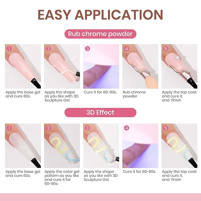 MIZHSE 3D Nail Gel and Chrome Nail Powder Kit, Clear Sculpting Gel for Nail Art Nail Charms 3D Gel Nail Art No Wipe Molding Gel for Nails Decoration Manicure Home DIY