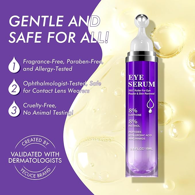 8% Caffeine Eye Cream & Under Eye Serum for Dark Circles and Puffiness Eye Care Eye Roller Serum with 360° Massage Ball Eye Treatment Serum Under Eye Roller Cream for Women Reduce Wrinkles Fine Lines
