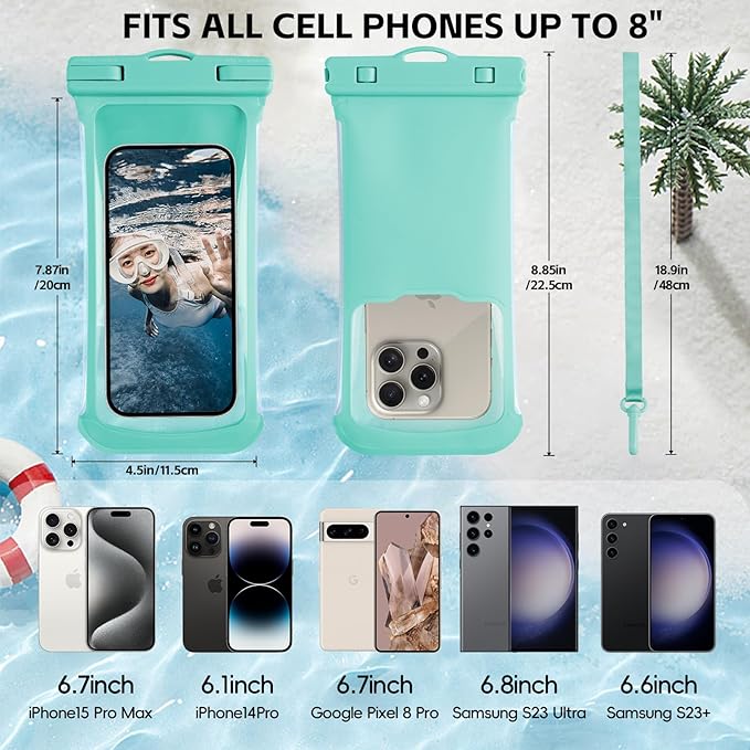 2 PCS Waterproof Phone Pouch,3D Underwater Case for iPhone 15 14 13 12 Pro Max Plus,Galaxy S24 S23 Pixel Up to 8",Dry Bag Beach Cruise Essentials,Green& Green