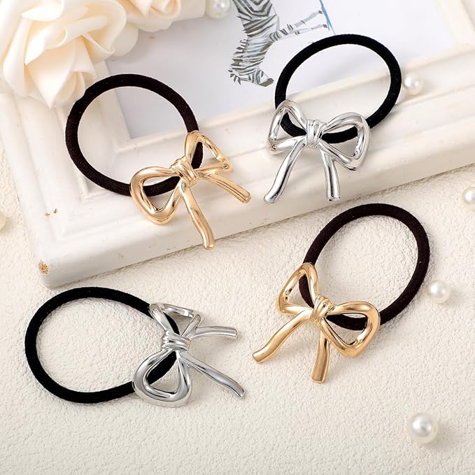 4 Pcs Bowknot Hair Ties for Women Elegant Gold Silver Bow Ponytail Holder Metal Elastic Hair Scrunchies Cute Rubber Bands Hair Ropes for Girls Thick Thin Curly Hair Styling Accessories