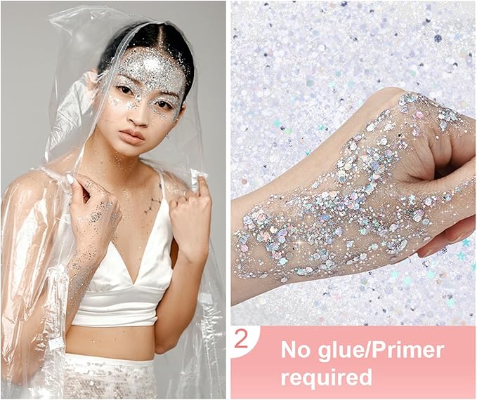 Go Ho White Silver and Gold Face Body Glitter Gel,Holographic Long Lasting Chunky Sequins Glitter Makeup for Singer Concerts,Parties,Performances,Stages,Festival Rave Accessories