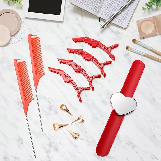 17 Pieces Red Hair Parting Tools Set Heart, Included 8P Hair Parting Ring 2P Metal Rat Tail Comb 6P Hair Sectioning Clip with 1P Magnetic Wrist Sewing Pin Holder for Braiding