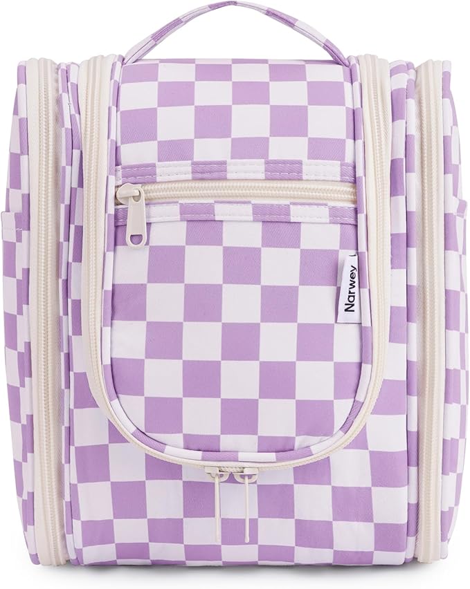 Narwey Small Checked Hanging Travel Toiletry Bag for Women, Travel Bag for Toiletries, Makeup Bag Organizer Cosmetic Bags Make Up Bags for Women (Purple Checkerboard)