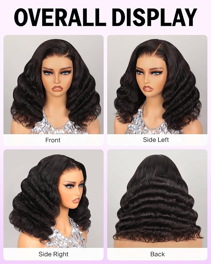 6x5 Bob Wig Human Hair Upgraded Wear and Go Glueless Wigs Loose Curly Bob Wig Pre Cut Lace Closure Wig Pre Plucked Bleached Tiny Knots Bob Wig 14 Inch